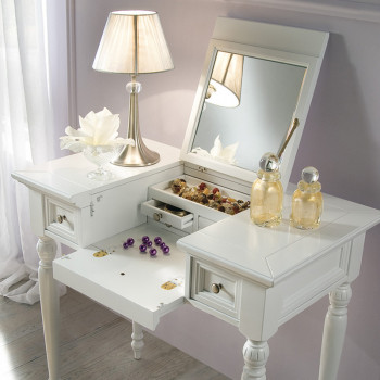 Mobile da trucco con scrittoio in legno bianco con specchio aperto