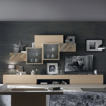 Composizione 3 con ante in legno antico e pensili vetro fumè