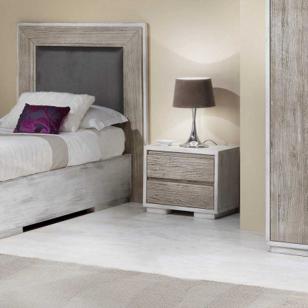 Letto singolo con rete e contenitore, dettaglio testata in legno
