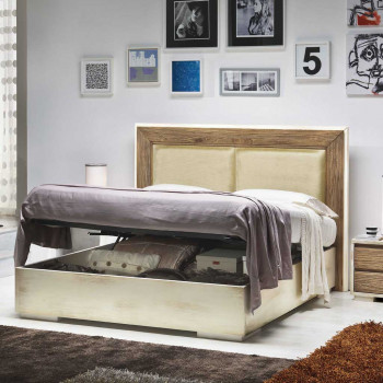 Letto matrimoniale con contenitore aperto, legno chiaro