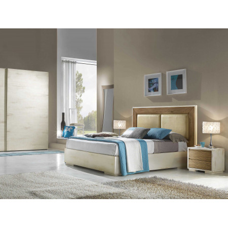 Letto matrimoniale con testata imbottita, dettaglio legno