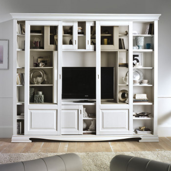 Libreria 6 ante scorrevoli bianca con vano TV centrale