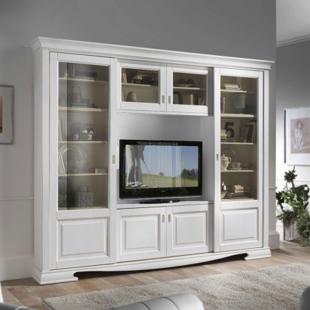 Libreria 6 ante scorrevoli in legno bianco con vano TV