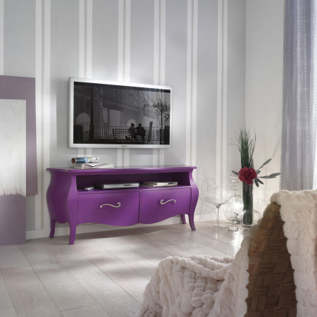 Porta tv bombato 2 cassetti, legno laccato, viola