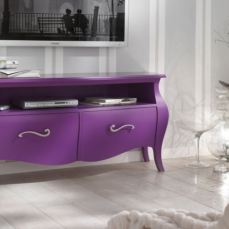 Porta TV bombato 2 cassetti, legno laccato viola