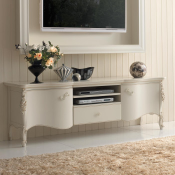 Base porta televisore classica con intagli, ante e cassetto