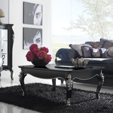 Tavolino quadrato classico, nero, con decorazioni floreali