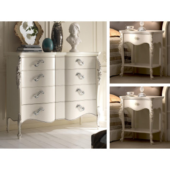 Gruppo comò con 2 comodini piedi 700, dettaglio intaglio