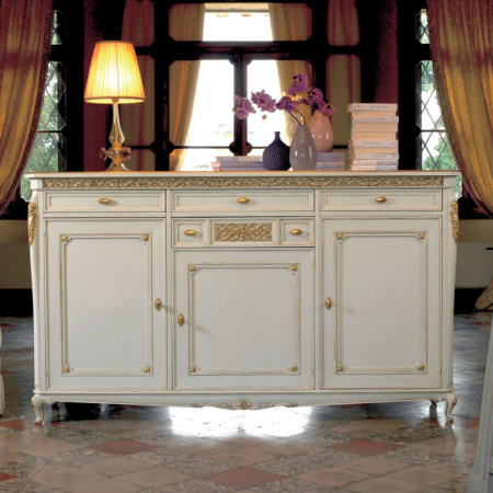 Credenza 3 ante liscie con spalla curva, dettagli dorati