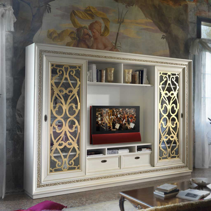 Parete attrezzata Dgirm, Set salotto porta TV a 4 ante, Mobile soggiorno  multiuso, 100% Made in Italy, cm 260x30h180, Bianco lucido