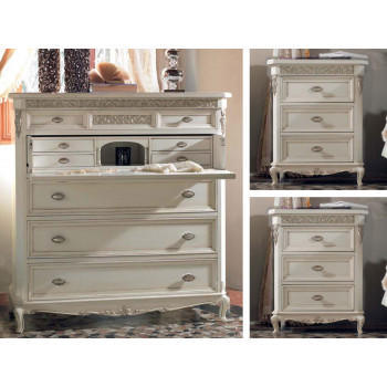 Gruppo comò e comodini intagliati con piedini intarsiati