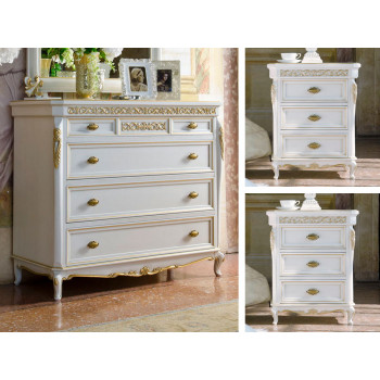 Gruppo comò e 2 comodini con piedi 700, dettagli intagliati