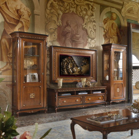 Porta TV con vetrine in legno toulipier intagliato