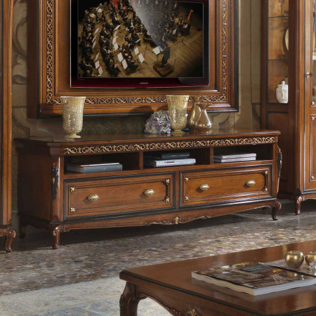 Porta TV con base e dettagli in legno intagliato