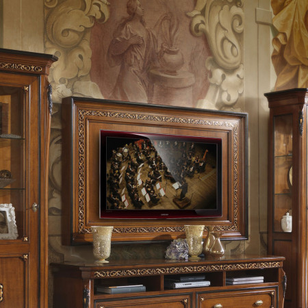 Porta tv con base e vetrine, dettagli in legno