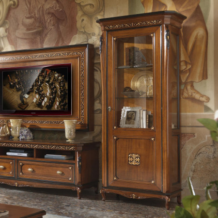Porta TV con vetrine in legno toulipier intagliato