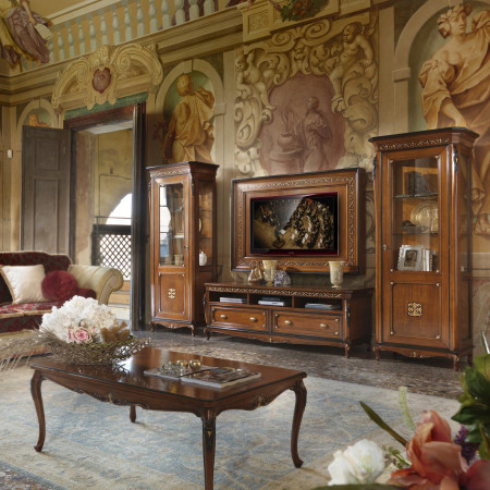 Porta tv con base e vetrine, dettagli in legno