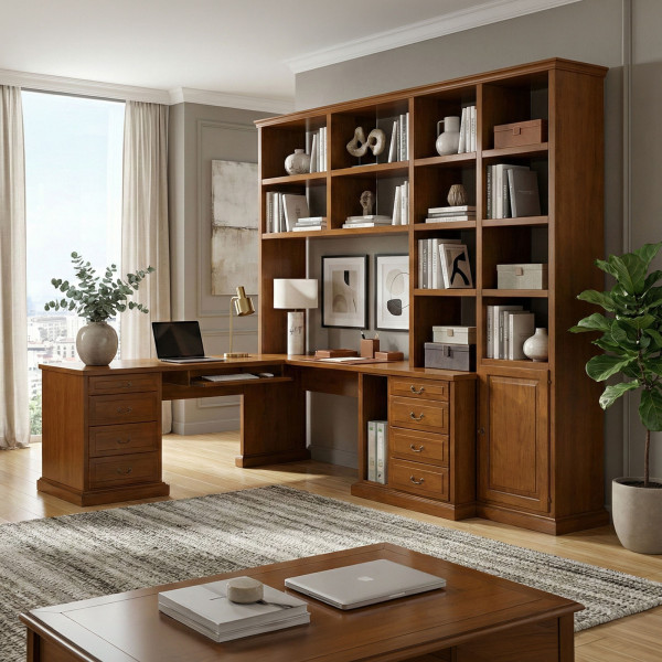 Libreria con scrivania a misura, legno listellare di qualità