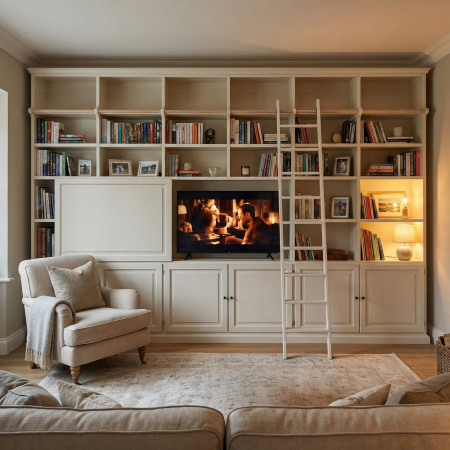 Libreria su misura con scala e vano per tv nascosta