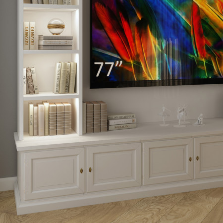 Dettaglio della parete in legno porta TV su misura con luci LED