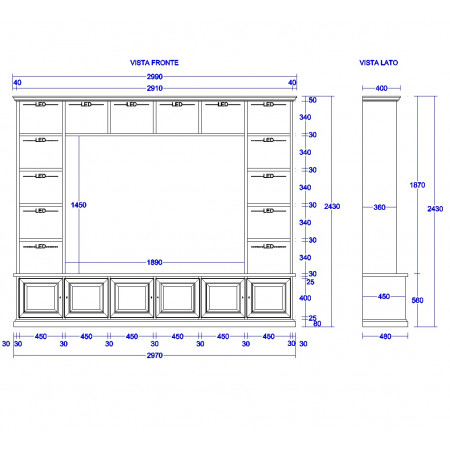 Schema parete in legno porta TV su misura con LED