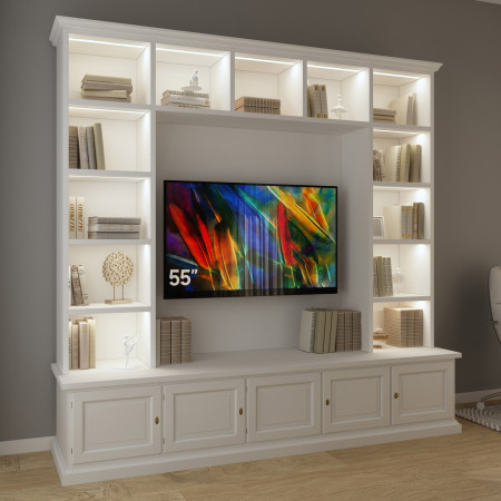 Soggiorno in legno porta TV su misura con luci LED caldo