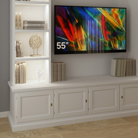 Soggiorno in legno porta TV su misura con luci LED, dettaglio scaffale illuminato