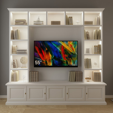 Soggiorno in legno porta TV su misura con vani luminati LED