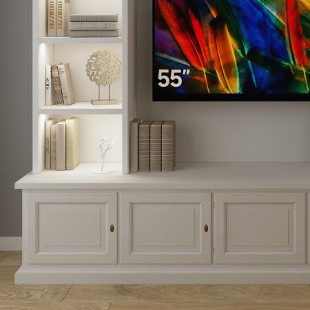 Soggiorno in legno porta TV su misura con luci LED, dettaglio vani