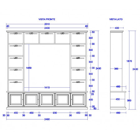 Progetto tecnico soggiorno in legno porta TV con LED