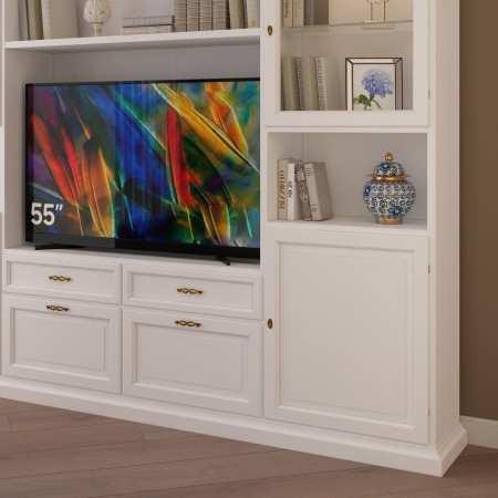 Parete in legno porta TV su misura, dettaglio vani TV e cassetti