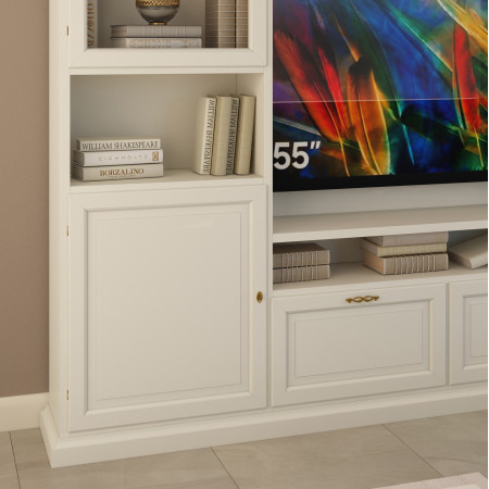 Dettaglio della parete componibile porta TV in legno di tiglio