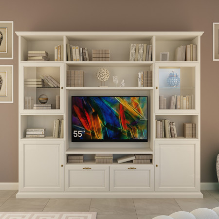 Parete componibile porta TV classica con dettagli in vetro e legno