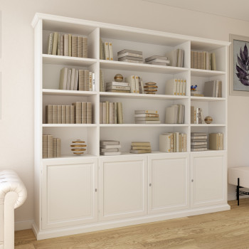 Parete componibile in legno, con ripiani e ante chiuse