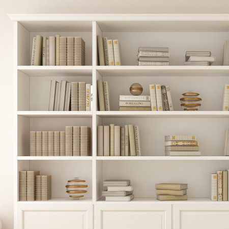 Parete componibile in legno classico con libri e decorazioni